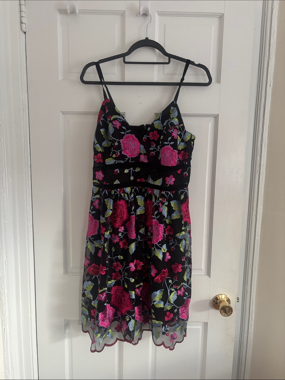 Black Cocktail Dress with Pink Floral Embroidery